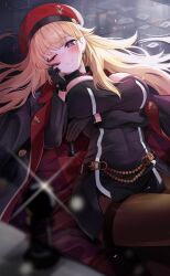  1girl ;) arm_under_breasts beret black_coat black_dress black_gloves blonde_hair blurry blurry_foreground blush breasts bright_pupils card checkered_coat chess_piece coat coat_on_shoulders commentary counter:side depth_of_field dress earrings furrowed_brow gambler_(counter:side) gloves hair_spread_out hand_on_own_cheek hand_on_own_face hat highres holding holding_chess_piece jewelry large_breasts light_particles long_hair long_sleeves looking_at_viewer lying on_back on_floor one_eye_closed pantyhose parted_lips pencil_dress purple_eyes red_hat single_earring smile solo sparkle two-sided_coat two-sided_fabric white_pupils yuki_(asayuki101) 
