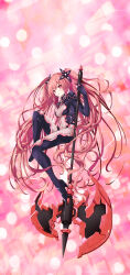 1girl absurdly_long_hair absurdres adapted_costume blush bodysuit commission cosplay date_a_live full_body hair_ornament halberd high_heels highres holding holding_polearm holding_weapon incredibly_absurdres itsuka_kotori iwashi_dorobou_-r- leotard long_hair looking_at_viewer mouth_hold neptune_(series) next_purple next_purple_(cosplay) pixiv_commission polearm red_eyes red_hair see-through_clothes see-through_leotard solo star-shaped_pupils star_(symbol) symbol-shaped_pupils very_long_hair weapon rating:Sensitive score:8 user:danbooru