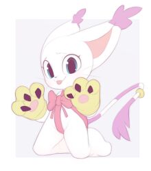  1girl :3 animal_ears animal_nose barefoot blue_background blue_eyes body_fur border bow cameltoe cat_ears cat_girl cat_tail claw_pose claws closed_mouth digimon digimon_(creature) fang fang_out female_focus flat_color full_body fur-tipped_tail furry furry_female gloves hands_up happy kekitopu kneeling loli looking_at_viewer naked_ribbon outside_border paw_gloves pawpads pink_bow pink_ribbon raised_eyebrows ribbon simple_background smile solo striped_tail tail tail_ornament tail_ring tailmon tongue tongue_out whiskers white_border white_fur yellow_gloves 