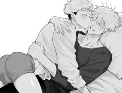  2boys adam&#039;s_apple ass bed blush closed_eyes collarbone commentary_request crew_neck eyelashes facial_mark feet_out_of_frame gojou_satoru greyscale grin hair_between_eyes highres itadori_yuuji jujutsu_kaisen kiss kissing_cheek long_sleeves lying male_focus male_underwear midriff_peek monochrome multicolored_hair multiple_boys on_back pants pillow pz00990801 shiny_skin shirt short_hair simple_background smile teeth two-tone_hair underwear white_background yaoi 