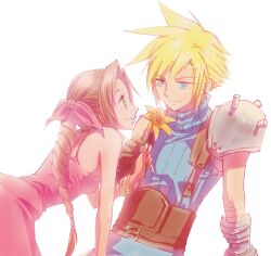  1boy 1girl aerith_gainsborough armor armored_gloves bandaged_arm bandages bangle bare_arms bare_shoulders blonde_hair blue_eyes blue_pants blue_shirt bracelet braid braided_ponytail breasts brown_hair cloud_strife couple dress final_fantasy final_fantasy_vii flower green_eyes hair_between_eyes hair_ribbon hetero highres holding holding_flower jewelry lily_(flower) long_dress long_hair looking_at_another medium_breasts ontaff7r_ca pants parted_bangs pauldrons pink_dress pink_ribbon ribbon shirt short_hair shoulder_armor sidelocks single_braid single_pauldron sketch sleeveless sleeveless_dress sleeveless_turtleneck smile spiked_hair turtleneck white_background yellow_flower 