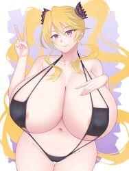  absurdres ardinassau bikini black_bikini blonde_hair blush breasts cindy_magus cleavage eyepatch_bikini final_fantasy final_fantasy_lost_stranger gigantic_breasts hand_on_own_chest highres long_hair navel purple_eyes smile stomach swimsuit twintails v very_long_hair  rating:Questionable score:28 user:100241
