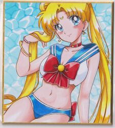  1girl adapted_costume bead_bracelet beads bishoujo_senshi_sailor_moon blonde_hair blue_eyes blue_sailor_collar bow bowtie bra bracelet breasts choker cleavage collarbone crescent crescent_earrings crescent_facial_mark earrings facial_mark gold_bracelet highres jewelry long_hair looking_at_viewer midriff navel panties red_bow red_bowtie red_choker sailor_collar sailor_moon sailor_moon_narikiri_bra_set sailor_senshi_uniform smile solo transformation_brooch_(sailor_moon) tsukino_usagi underwear underwear_only unofficial_sailor_senshi_uniform user_kztc4472 