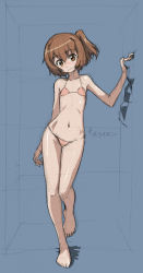  10s 1girl bikini blue_background blush brown_eyes brown_hair female_focus flat_chest log_horizon looking_at_viewer minori_(log_horizon) rohitsuka short_hair side_ponytail sketch solo swimsuit  rating:Sensitive score:56 user:danbooru