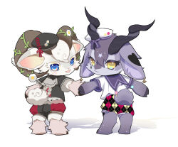  2boys androgynous animal_ears animal_feet animal_hands blue_eyes brothers chibi chibi_only chibikemo commentary digitigrade english_commentary flower fluffy_land from_behind furry furry_male goat_boy goat_ears goat_horns goat_tail grey_fur hat highres holding_hands hooves horns j.j._(fluffy_land) k.k._(fluffy_land) kikugawa_ru multiple_boys official_art sailor_hat second-party_source sheep_boy sheep_ears sheep_horns sheep_tail short_hair siblings simple_background tail white_background white_fur yellow_eyes 