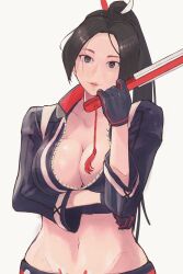 1girl arm_under_breasts biker_clothes black_eyes black_gloves black_hair black_jacket breasts cleavage cropped_jacket fatal_fury fatal_fury:_city_of_the_wolves gloves hand_fan high_ponytail highres holding holding_fan jacket large_breasts long_hair long_sleeves looking_at_viewer navel no_bra official_alternate_costume parted_bangs parted_lips partially_unzipped ponytail shiranui_mai simple_background snk solo stomach street_fighter street_fighter_6 the_king_of_fighters white_background yuenibushi zipper