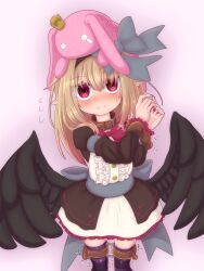  absurdres black_ribbon black_wings blonde_hair blush bound bound_legs bound_wrists dark_feather_alma dress emil_chronicle_online flying_sweatdrops frilled_skirt frills hair_ribbon highres purple_thighhighs red_eyes restrained ribbon rna0 skirt standing stuffed_toy sweatdrop thighhighs tied_up_(nonsexual) wings 
