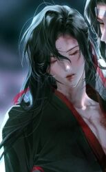  2boys black_hair black_hanfu blood blood_on_chest blood_on_clothes blood_on_face blood_on_neck blurry blurry_background chinese_clothes closed_eyes collarbone eyelashes hair_down hair_ribbon half_updo hanfu headband injury lan_wangji lips long_hair looking_at_another male_focus messy_hair modao_zushi multiple_boys niken_(niken_ouo) official_alternate_hairstyle out_of_frame parted_lips pectoral_cleavage pectorals red_ribbon ribbon robe solo_focus upper_body wei_wuxian wei_wuxian_(yiling_laozu) white_headband yaoi yellow_eyes 