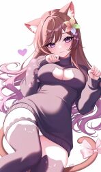  1girl animal_ear_fluff animal_ear_legwear animal_ears artist_name black_sweater black_thighhighs blush bow breasts brown_hair cat_cutout cat_ear_legwear cat_ears cat_girl cat_tail cleavage cleavage_cutout closed_mouth clothing_cutout commentary commission flower gradient_hair hair_between_eyes hair_flower hair_ornament heart highres indie_virtual_youtuber kiyochii large_breasts long_hair long_sleeves looking_at_viewer multicolored_flower multicolored_hair neko_ella paw_pose pink_bow purple_eyes purple_hair simple_background smile solo sweater tail tail_bow tail_ornament thighhighs very_long_hair white_background 