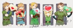  5boys ^_^ arms_up belt belt_buckle black_belt black_gloves blue_eyes blue_tunic blush brown_belt brown_gloves brown_hair buckle closed_eyes closed_mouth collared_tunic commentary covered_mouth cropped_legs curtained_hair english_commentary english_text fingerless_gloves gloves green_tunic grin hair_intakes hand_on_own_hip heart heart_container highres holding layered_sleeves link long_pointy_ears long_sleeves looking_at_viewer looking_to_the_side male_focus multiple_belts multiple_boys natsuyon nintendo open_mouth pants parted_bangs pointy_ears ponytail shirt short_over_long_sleeves short_ponytail short_sleeves sideways_glance smile teeth the_legend_of_zelda the_legend_of_zelda:_breath_of_the_wild the_legend_of_zelda:_ocarina_of_time the_legend_of_zelda:_skyward_sword the_legend_of_zelda:_the_wind_waker the_legend_of_zelda:_twilight_princess toon_link tunic upper_teeth_only white_pants white_shirt 