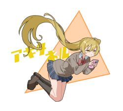  1girl :&lt; akita_neru blonde_hair bow bowtie cardigan cellphone commentary_request holding holding_phone loafers long_hair long_sleeves looking_down mepopon phone pleated_skirt school_uniform shoes side_ponytail skirt smartphone socks solo striped_bow striped_bowtie striped_clothes translation_request very_long_hair vocaloid yellow_eyes 