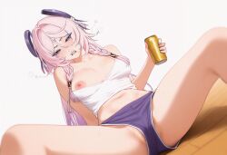  1girl alternate_costume bare_shoulders beer_can blue_eyes blush braid breasts can citlali_(genshin_impact) collarbone commentary contemporary covered_erect_nipples dolphin_shorts drink_can drunk ei_(eiei_e1) facial_mark floating_hair forehead_mark genshin_impact gradient_hair half-closed_eyes highres holding holding_can long_hair looking_at_viewer low_twin_braids medium_breasts multicolored_hair navel nipples one_breast_out open_mouth paid_reward_available partially_visible_vulva pink_hair purple_shorts shirt shorts sitting solo spread_legs squeans twin_braids very_long_hair white_shirt  rating:Questionable score:78 user:danbooru