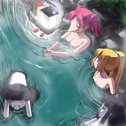  4girls black_hair blonde_hair breast_envy breasts closed_eyes flat_chest green_eyes highres hime_cut lamp large_breasts long_hair monoe monoko multiple_girls nude onsen open_mouth pink_hair poniko ponytail rapama short_hair short_twintails sweatdrop toriningen twintails yume_nikki |_| |_|_| 