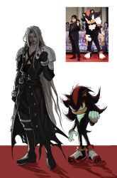  2boys aqua_eyes armor black_coat black_footwear black_gloves black_pants boots chest_strap coat derivative_work final_fantasy final_fantasy_vii final_fantasy_vii_rebirth final_fantasy_vii_remake furry furry_male gloves glowing glowing_eyes grey_hair hair_between_eyes hedgehog_boy highres long_bangs long_coat long_hair male_focus morikawa_toshiyuki multiple_boys pants parted_bangs red_eyes sephiroth shadow_the_hedgehog shoulder_armor sonic_(live_action) sonic_(series) sonic_the_hedgehog_3_(film) sxpervillain voice_actor_connection white_background white_gloves 