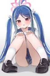  1girl :o absurdres antenna_hair black_shoes blue_archive blue_hair blue_sailor_collar blue_skirt blush bow commentary_request from_below fubuki_(blue_archive) full_body grey_hair hair_bow halo hands_on_own_knees highres knees_together_feet_apart knees_up loafers loli long_hair long_sleeves looking_at_viewer multicolored_hair open_mouth panties panty_peek pantyshot parted_bangs parted_lips pink_eyes pink_halo pleated_skirt sailor_collar school_uniform serafuku shirt shoes shuvi_(shuvi1125) simple_background sitting skirt socks solo squatting teeth thighs twintails two-tone_hair underwear upper_teeth_only very_long_hair white_background white_panties white_shirt white_socks 