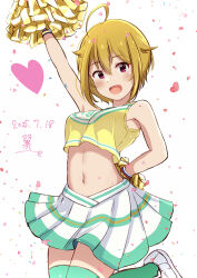  1girl absurdres ahoge arm_behind_back arm_up blonde_hair blush breasts cheerleader commentary_request confetti crop_top crop_top_overhang dated green_thighhighs hair_between_eyes hair_flaps heart highres holding holding_pom_poms ibuki_tsubasa idolmaster idolmaster_million_live! looking_at_viewer midriff natsuki_p navel open_mouth pink_eyes pom_pom_(cheerleading) pom_poms shoes short_hair simple_background skirt sleeveless smile solo standing tank_top thighhighs white_background white_shoes yellow_tank_top 