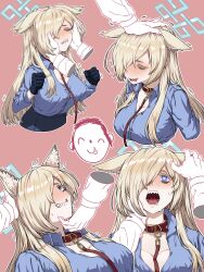 1boy 1girl ^^^ animal_collar animal_ear_fluff animal_ears bags_under_eyes black_giraffe black_gloves blue_archive blue_shirt blush breasts cleavage clenched_hands closed_eyes collar cropped_torso doodle_sensei_(blue_archive) drooling fox_ears gloves halo headpat highres kanna_(blue_archive) large_breasts leash multiple_views nose_blush open_collar petting sensei_(blue_archive) sharp_teeth shirt simple_background sweatdrop teeth upper_body rating:Sensitive score:43 user:danbooru