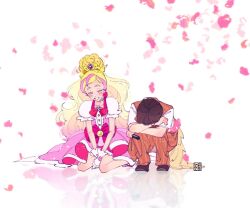  1boy 1girl aoi_tete artist_logo black_footwear black_hair blonde_hair bow bowtie commentary covering_face crying cure_flora dress dress_bow earrings frilled_sleeves frills gloves go!_princess_precure gradient_hair grin haruno_haruka highres hirogaru_sky!_precure holding holding_microphone jewelry leaning_forward logo long_hair medium_dress microphone multicolored_hair murase_ayumu on_ground orange_pants orange_shirt pants petals pink_dress pink_hair precure puffy_short_sleeves puffy_sleeves real_life red_bow red_bowtie reflection shirt shoes short_hair short_sleeves sitting smile squatting streaked_hair tiara two-tone_shirt wariza white_background white_gloves white_shirt 