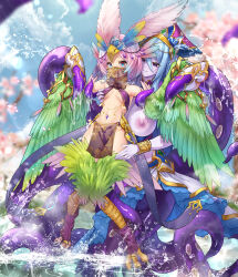  2girls absurdres animal_ears bird_ears bird_legs bird_tail blue_hair blue_pupils blush breasts carol_(clover_theater) clover_theater colored_skin commentary_request consensual_tentacles feathers green_feathers green_wings hair_ornament harpy headdress highres imola_(clover_theater) jewelry large_breasts long_hair monster_girl mouth_veil multiple_girls navel pelvic_curtain pink_hair purple_eyes purple_skin red_eyes scylla slime_(substance) small_breasts tail talons tentacles veil water winged_arms wings xiaomu314 yuri 