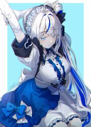  1girl ahoge aokumo_rin apron arms_up blue_eyes breasts center_frills choker closed_mouth colored_eyelashes dress elbow_gloves frills gloves hair_rings headdress highres ika_(4801055) large_breasts long_hair looking_down multicolored_hair short_sleeves side_ponytail smile solo stellive streaked_hair stretching very_long_hair virtual_youtuber waist_apron white_choker white_dress white_eyelashes white_gloves white_hair 