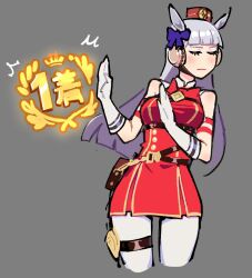  1girl animal_ears bare_shoulders blunt_bangs bow bowtie closed_eyes closed_mouth cropped_legs dress ear_bow ear_covers ear_ornament gold_ship_(umamusume) grey_background highres horse_ears horse_girl horseshoe_ornament kaatokun long_hair pants pantyhose pillbox_hat red_bow red_bowtie red_dress sleeveless sleeveless_dress solo thigh_strap umamusume white_hair white_pants 