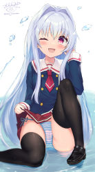  1girl absurdres black_shoes blue_hair blush clothes_lift cube_x_cursed_x_curious fear_kubrick hair_intakes hand_up highres lifting_own_clothes long_hair looking_at_viewer necktie ochinsama one_eye_closed open_mouth panties red_eyes school_uniform shoes side-tie_panties simple_background skirt skirt_lift smile striped_clothes striped_panties taishuu_high_school_uniform thighhighs underwear white_background 