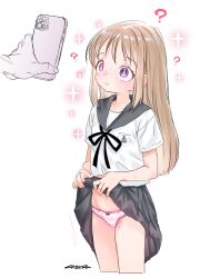  1boy 1girl ? blonde_hair cellphone clothes_lift hetero highres holding holding_phone hypnosis hypnosis_app loli long_hair mind_control mudou_eichi original paid_reward_available panties phone presenting skirt skirt_lift smartphone thighs underwear 