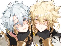  3boys alkalilyy alternate_form animal_ears antenna_hair armor artist_name black_choker black_shirt blonde_hair blue_eyes blush choker clawed_gauntlets commentary cracked_skin dog_boy dog_ears dual_persona english_commentary hair_between_eyes hand_on_another&#039;s_chin highres honkai:_star_rail honkai_(series) looking_at_viewer male_focus multiple_boys mydei_(honkai:_star_rail) parted_bangs pauldrons phainon_(honkai:_star_rail) pov pov_hands shirt short_hair shoulder_armor simple_background single_pauldron twitter_username white_background white_hair yellow_eyes 