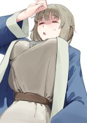  1girl arm_up belt blonde_hair breasts chestnut_mouth dungeon_meshi falin_touden falin_touden_(tallman) from_below fuse_gomame large_breasts medium_hair open_mouth robe shading_eyes solo sweat upper_body white_background  rating:Sensitive score:1 user:HomeStruck