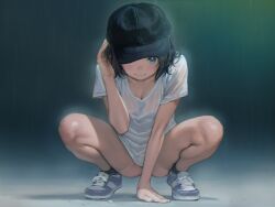  1girl arm_between_legs arm_support baseball_cap black_hair black_hat blush bottomless closed_mouth commentary_request convenient_arm full_body hat highres looking_at_viewer mole mole_under_mouth original rainen_ganbarimashita see-through_clothes see-through_shirt shirt shoes short_sleeves smile sneakers solo spread_legs t-shirt thighs tiptoes white_shirt 