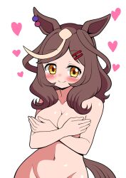  1girl absurdres animal_ears bad_link blush breasts brown_eyes brown_hair cleavage closed_mouth collarbone convenient_censoring covering_breasts covering_privates hair_between_eyes hair_ornament hairclip heart highres horse_ears looking_at_viewer matikane_tannhauser_(umamusume) medium_breasts navel simple_background sodeshita_marshmallow umamusume white_background 