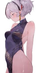 1girl bare_shoulders black_dress black_eyes blue_archive breasts camellya_(wuthering_waves) china_dress chinese_clothes cosplay dragon_print dress earrings gold_earrings hair_ornament highres jewelry kisaki_(blue_archive) kisaki_(blue_archive)_(cosplay) medium_breasts print_dress short_hair sideboob sleeveless sleeveless_dress sleeveless_turtleneck_dress solo white_background white_hair wuthering_waves xaea_xp rating:Sensitive score:35 user:danbooru
