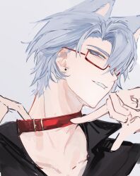  1boy absurdres animal_ears antenna_hair black_shirt blue_eyes cat_ears chinese_commentary choker close-up collarbone collared_shirt ear_piercing glasses grey_background grey_hair hair_between_eyes hands_up head_tilt high_collar highres hmayme4238 honkai:_star_rail honkai_(series) looking_at_viewer looking_down looking_to_the_side multicolored_eyes parted_lips phainon_(honkai:_star_rail) piercing red-framed_eyewear red_choker shirt short_hair simple_background smile solo upper_body wavy_hair yellow_pupils 