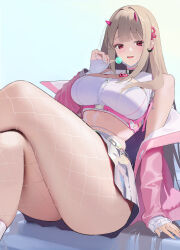  1girl 767_(pixiv973307689) absurdres arm_at_side bare_shoulders belt belt_collar black_collar blue_background blue_nails breasts brown_hair buckle candy chain chest_belt chupa_chups cleavage_cutout clothing_cutout collar crop_top crossed_legs feet_out_of_frame fingernails fishnet_pantyhose fishnets food from_below goddess_of_victory:_nikke gradient_background grey_skirt hair_ornament hand_up heart heart_collar heart_o-ring highres holding holding_candy holding_food holding_lollipop horns jacket large_breasts lollipop long_hair long_sleeves looking_at_viewer midriff miniskirt multicolored_nails nail_polish o-ring o-ring_belt off_shoulder open_clothes open_jacket pantyhose parted_lips pink_belt pink_horns pink_jacket red_eyes shirt sitting skirt sleeveless sleeveless_shirt sleeves_past_wrists smile snap-fit_buckle solo teeth thighs two-sided_fabric two-sided_jacket underbust upper_teeth_only very_long_hair viper_(nikke) white_pantyhose white_shirt zipper zipper_pull_tab 