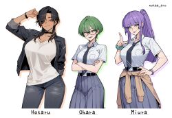  3girls arm_up artist_name belt belt_skirt black-framed_eyewear black_belt black_choker black_hair black_jacket black_necktie blue_hair blue_skirt bracelet breast_pocket breasts character_name choker cleavage closed_mouth collared_shirt crossed_arms dark-skinned_female dark_skin denim eyes_visible_through_hair glasses green_eyes green_hair hand_on_own_hip highres hotaru_(nokaa_aru) index_finger_raised jacket jeans jewelry large_breasts long_hair long_skirt long_sleeves medium_breasts multicolored_hair multiple_girls necktie nokaa_aru one_eye_closed open_mouth orange_eyes orange_hair original pants pleated_skirt pocket ponytail purple_hair shirt short_hair simple_background skirt smile streaked_hair tongue tongue_out white_background white_shirt 