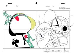  3boys alien backpack bag commentary_request dual_persona english_text frog hat highres hinata_fuyuki jacket kero_ball keroro keroro_gunsou long_sleeves looking_at_viewer multiple_boys one_eye_closed open_mouth pocket pointing print_hat profile shadow star_(symbol) star_print tongue yellow_hat yooto40010 
