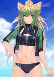  1girl animal_ears atalanta_(fate) bikini black_bikini blonde_hair blue_sky blush braid breasts cat_ears fate/apocrypha fate/grand_order fate_(series) french_braid gradient_hair green_eyes green_hair green_jacket highres hikichi_sakuya jacket long_hair looking_at_viewer multicolored_hair navel open_clothes open_jacket ponytail sky smile solo swimsuit thighs  rating:Sensitive score:39 user:danbooru