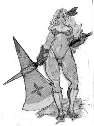 1girl abs amazon_(dragon&#039;s_crown) amazon_warrior armlet armor axe bad_id bad_pixiv_id bikini_armor blonde_hair boots breasts circlet dragon&#039;s_crown feathers female_focus gloves greyscale halberd jewelry large_breasts long_hair monochrome muscular muscular_female nipple_slip nipples polearm shiwasu_no_okina solo tattoo thick_thighs thighs vanillaware weapon rating:Explicit score:30 user:thebatman