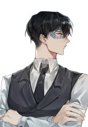  1boy black_hair black_jacket black_necktie brown_eyes collared_shirt crossed_arms hair_between_eyes highres jacket long_sleeves looking_to_the_side male_focus mask necktie nose original sharonmitsu shirt short_hair simple_background solo suit_jacket upper_body white_background white_shirt 