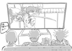  2girls 3boys bob_cut couch doll fushiguro_megumi holding holding_sword holding_weapon itadori_yuuji jujutsu_kaisen kugisaki_nobara monochrome monster multiple_boys multiple_girls official_art okkotsu_yuuta orimoto_rika park_sunghoo sharp_teeth short_hair sketch spiked_hair sword teeth television watching_television weapon 