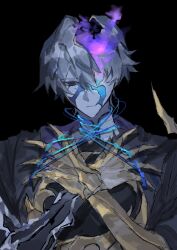  1boy black_background black_cloak black_eyes blue_fire blue_string claws cloak closed_mouth commentary cracked_skin empty_eyes english_commentary expressionless fire flame_reaver_of_the_deepest_dark glowing grey_hair hair_between_eyes head_tilt highres honkai:_star_rail honkai_(series) looking_down m_min_tt messy_hair no_pupils phainon_(honkai:_star_rail) purple_fire scar scar_on_face self-harm short_hair simple_background solo spoilers standing string upper_body 