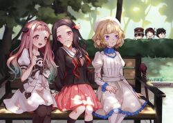  1girl 3boys 3girls alternate_costume bench black_hair black_shirt blonde_hair bread character_request closed_eyes closed_mouth copyright_request crossover dress food hair_ornament hair_ribbon hanako_(jibaku_shounen_hanako-kun) hat highres iwanaga_kotoko jibaku_shounen_hanako-kun kamado_nezuko kamado_tanjirou kimetsu_no_yaiba kitou_akari kyokou_suiri long_hair long_sleeves mouth_hold multicolored_hair multiple_boys multiple_girls neckerchief o_o open_mouth pantyhose pink_eyes pink_ribbon pink_skirt purple_eyes red_eyes ribbon school_uniform shibaziliangliang shirt skirt smile thighhighs voice_actor_connection white_dress yashiro_nene  rating:General score:7 user:danbooru