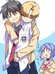  1girl 2boys :d =_= akayama_yukihe annoyed aroused_nosebleed black_hair blazer blonde_hair blue_background blush blush_stickers carrying clannad clenched_teeth closed_eyes closed_mouth collared_shirt commentary cowboy_shot crying fujibayashi_ryou fujoshi hair_intakes hands_up happy happy_tears highres hikarizaka_private_high_school_uniform hug hug_from_behind interlocked_fingers jacket long_sleeves multiple_boys necktie okazaki_tomoya open_mouth own_hands_together red_necktie sailor_collar school_uniform serafuku shirt short_hair short_sleeves simple_background smile spiked_hair streaming_tears sunohara_youhei tears teeth translated two-tone_background v-shaped_eyebrows white_background white_sailor_collar white_shirt yaoi yellow_jacket 