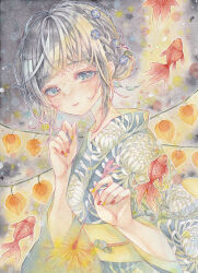  1girl absurdres amu_(m_aa) blue_eyes blue_kimono braid chinese_lantern_(plant) closed_mouth commentary_request dated fireworks fish goldfish grey_hair hands_up highres japanese_clothes kimono long_sleeves multicolored_nails night obi original outdoors painting_(medium) print_kimono red_nails sash senkou_hanabi short_hair signature smile solo sparkler traditional_media upper_body watercolor_(medium) wide_sleeves yellow_nails yellow_sash 