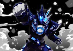  1boy a.i.m.s._shotriser absurdres arm_up black_background blue_eyes clenched_hands commentary compound_eyes gloves grey_gloves highres japanese_wolf japanese_wolf_zetsumerisekey kamen_rider kamen_rider_01_(series) kamen_rider_orthros_vulcan kamen_rider_vulcan male_focus otokamu punching simple_background smoke standing straight-on upper_body wolf 