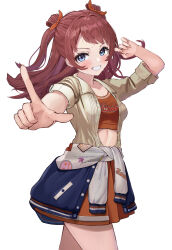  1girl absurdres blue_eyes blush bow brown_hair brown_shirt brown_sports_bra clothes_around_waist clothes_writing collared_shirt commentary_request cowboy_shot double_bun floating_hair foreshortening from_side gakuen_idolmaster grin hair_bow hair_bun hanami_saki hand_up harue_narika highres idolmaster index_finger_raised jacket jacket_around_waist linea_alba long_hair looking_at_viewer midriff open_clothes open_shirt orange_skirt outstretched_arm parted_bangs pleated_skirt print_jacket print_sports_bra red_bow shirt short_sleeves simple_background skirt smile solo sports_bra sweat two_side_up unbuttoned walking white_background 