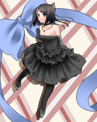  1girl aq_interactive bare_shoulders black_eyes black_hair boots breasts choker detached_sleeves dress female_focus full_body jewelry manamia mistwalker necklace nintendo oiloiloiloil short_hair solo the_last_story 
