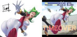  1girl animal_ears ass bloody_roar bodysuit breasts cat_ears covered_erect_nipples covered_navel english_text facial_mark forehead_mark gameplay_mechanics green_hair highres large_breasts long_hair looking_at_viewer nonomura_uriko one_eye_closed open_mouth orange_eyes parted_lips red_bodysuit timeover tomo_eokaiteru torn_bodysuit torn_clothes two-tone_bodysuit white_bodysuit wince 