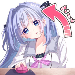  1girl 9-nine- arrow_(symbol) black_bow blue_eyes blue_hair blunt_bangs blush bow bowtie buttons commentary computer_mouse double-breasted dress eyes_visible_through_hair hair_bow hair_intakes head_tilt highres holding_computer_mouse kousaka_haruka long_hair looking_at_viewer open_mouth pink_bow pink_bowtie polka_dot polka_dot_bow ririi_(ai-my_talikng) school_uniform sidelocks simple_background solo sound_effects straight-on straight_hair truth two_side_up upper_body white_background white_dress 