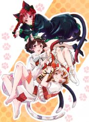  3girls :d animal_ear_fluff animal_ears bare_legs bow bowtie brown_eyes brown_hair cat_ears chen commentary_request double-parted_bangs expressionless eyelashes fang fingernails frills full_body goutokuji_mike hair_between_eyes hands_up hat highres kaenbyou_rin knees_up light_blush long_sleeves mob_cap mokoiscat multiple_girls open_mouth paw_pose petticoat pointy_ears puffy_long_sleeves puffy_sleeves red_skirt red_vest sharp_fingernails short_hair skin_fang skirt skirt_set slit_pupils smile socks swept_bangs touhou vest white_bow white_bowtie 